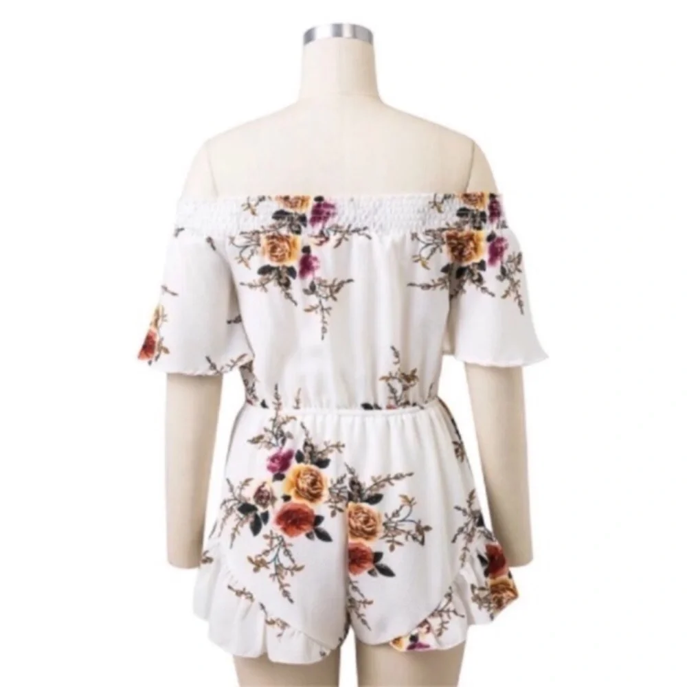 Cottage Floral Off Shoulder Ruffled Tie Front Romper - Picture 7 of 7
